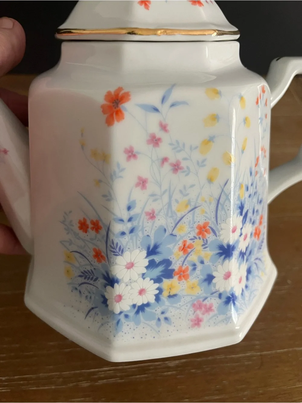 Handpainted Porcelain Teapot-Japan-Octagonal Shape-Lid-Beautiful Wildflowers